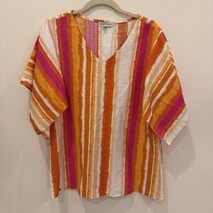 Runway Ready Petite M Striped Short Sleeve Top Blouse Vibrate Pink Orange Beach